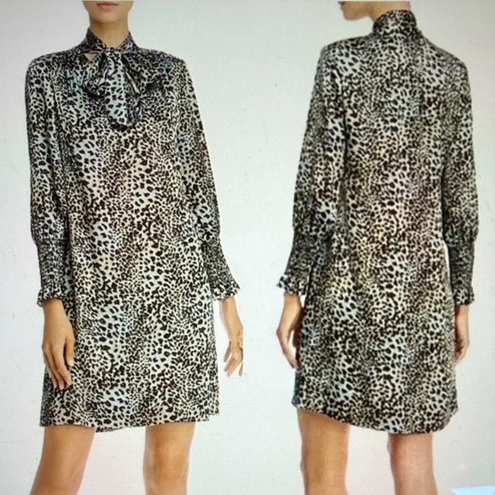 Rebecca Taylor Black and White Animal Print Long Sleeve Dress